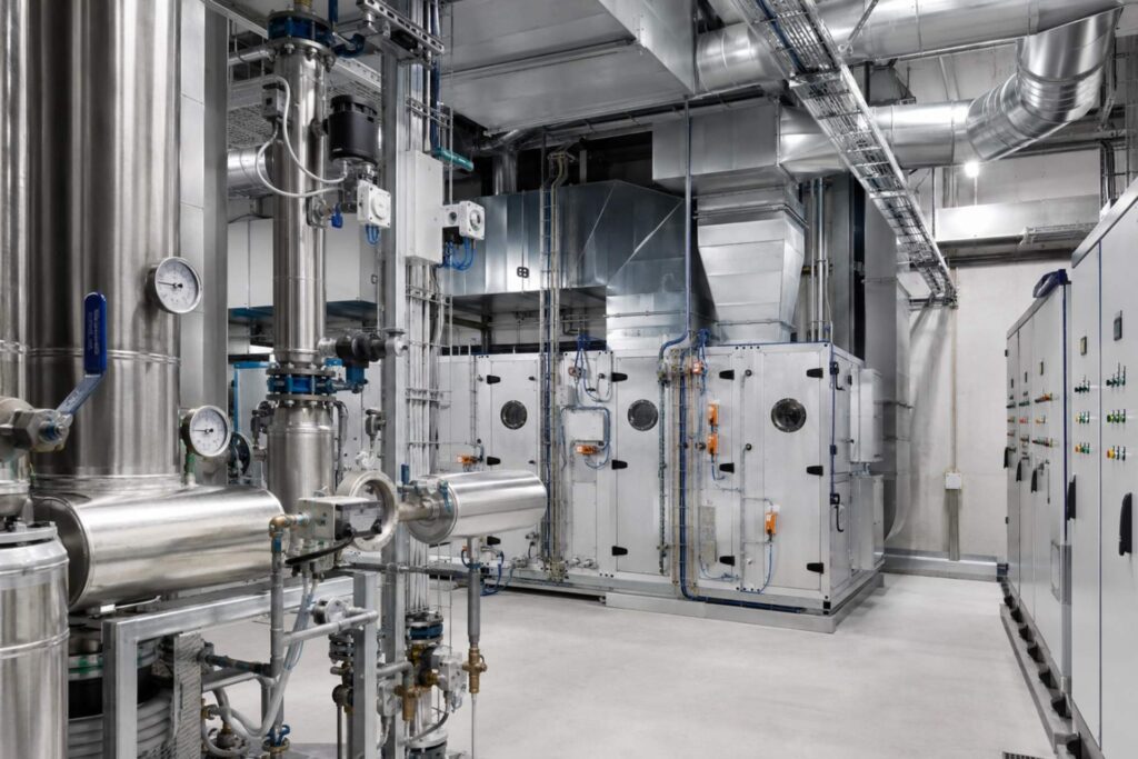 Technische Anlage mit Rohrleitungen und Messkomponenten